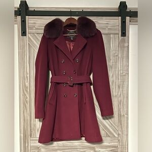 Wool-blend double-breasted Merlot belted coat with a genuine fox fur collar